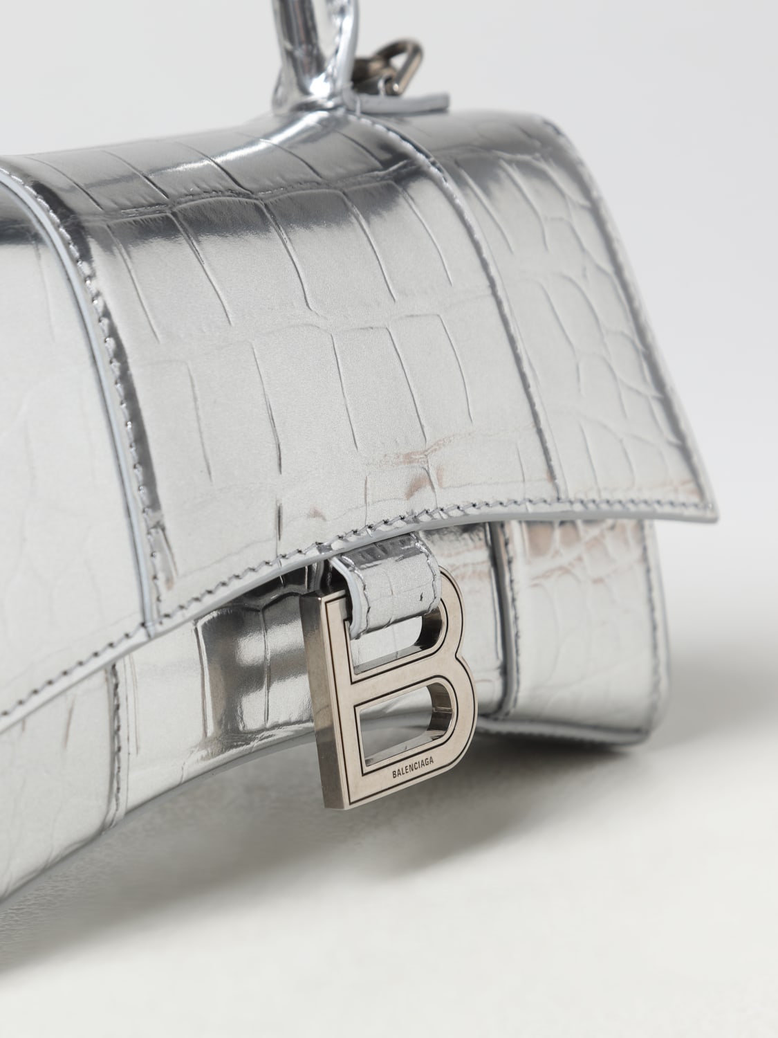 BALENCIAGA: Hourglass XS bag in crocodile print laminated leather - Silver