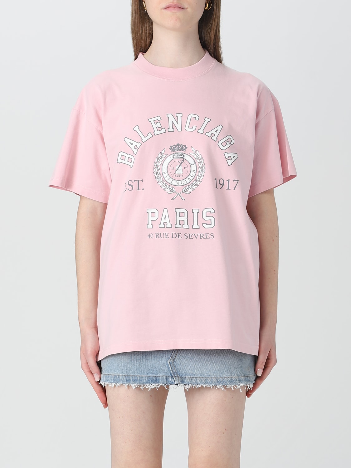 BALENCIAGA: cotton T-shirt with contrasting printed logo - Pink