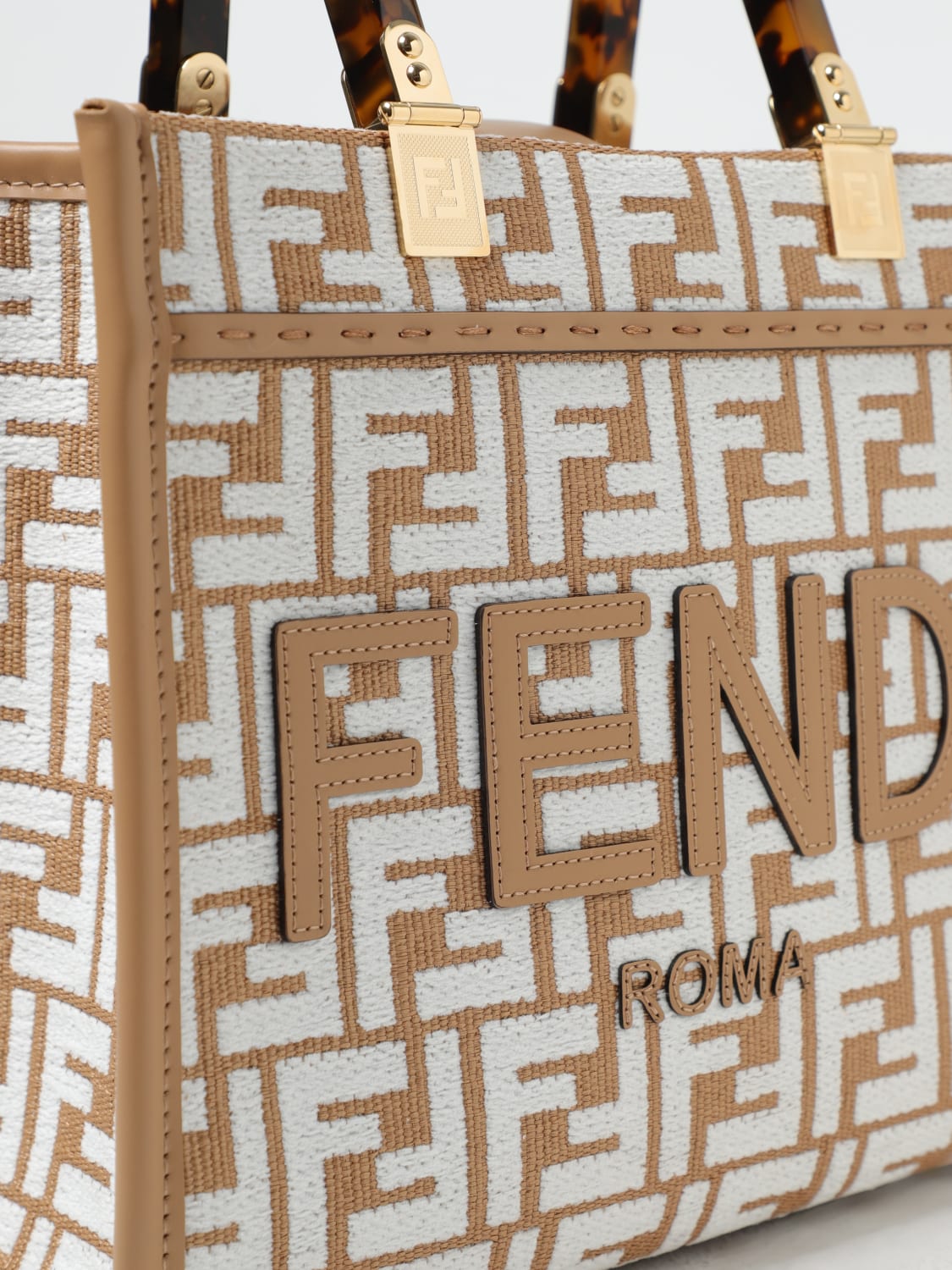FENDI: Baguette bag in raffia with embroidered FF monogram - Beige