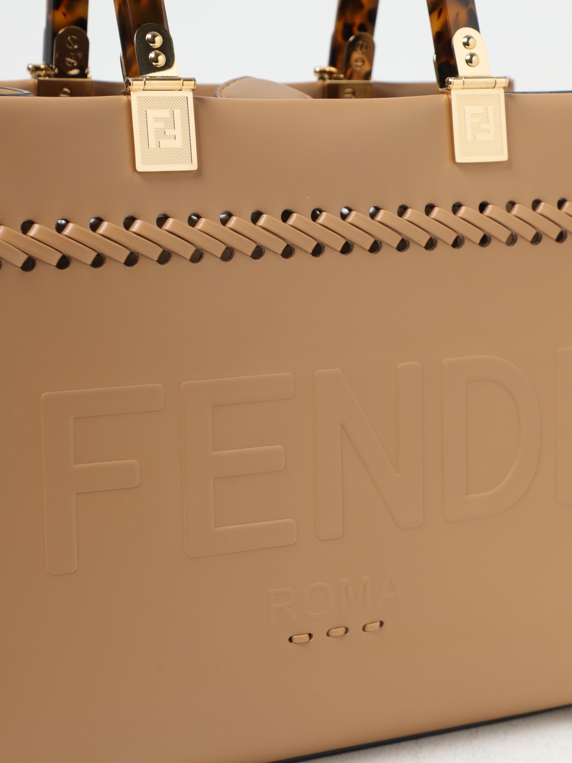 FENDI: Sunshine bag in leather with embossed logo - Beige