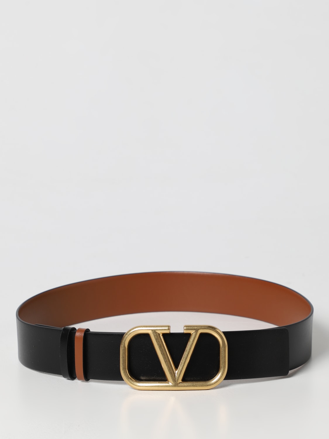 V Logo Reversible Leather Belt in Brown - Valentino Garavani