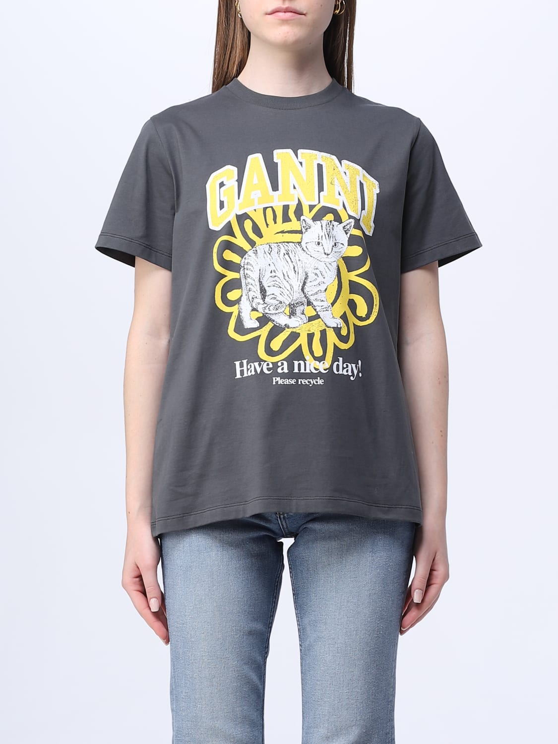 GANNI: cotton t-shirt - Grey | Ganni t-shirt T3532 online at GIGLIO.COM