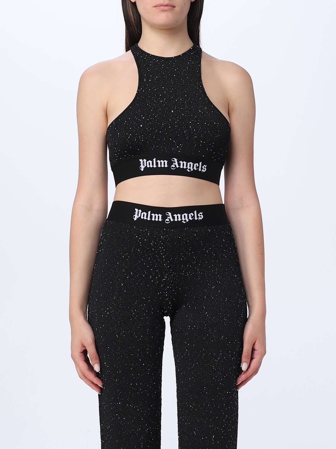 PALM ANGELS: top in stretch fabric with sequins - Black | Palm Angels ...