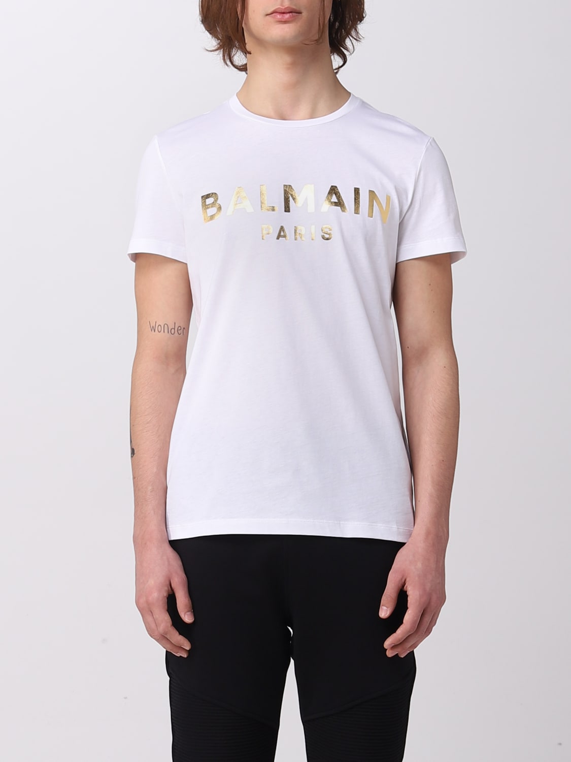 BALMAIN: in cotton laminated logo - White 1 | Balmain t-shirt AH1EF000BB29 on GIGLIO.COM