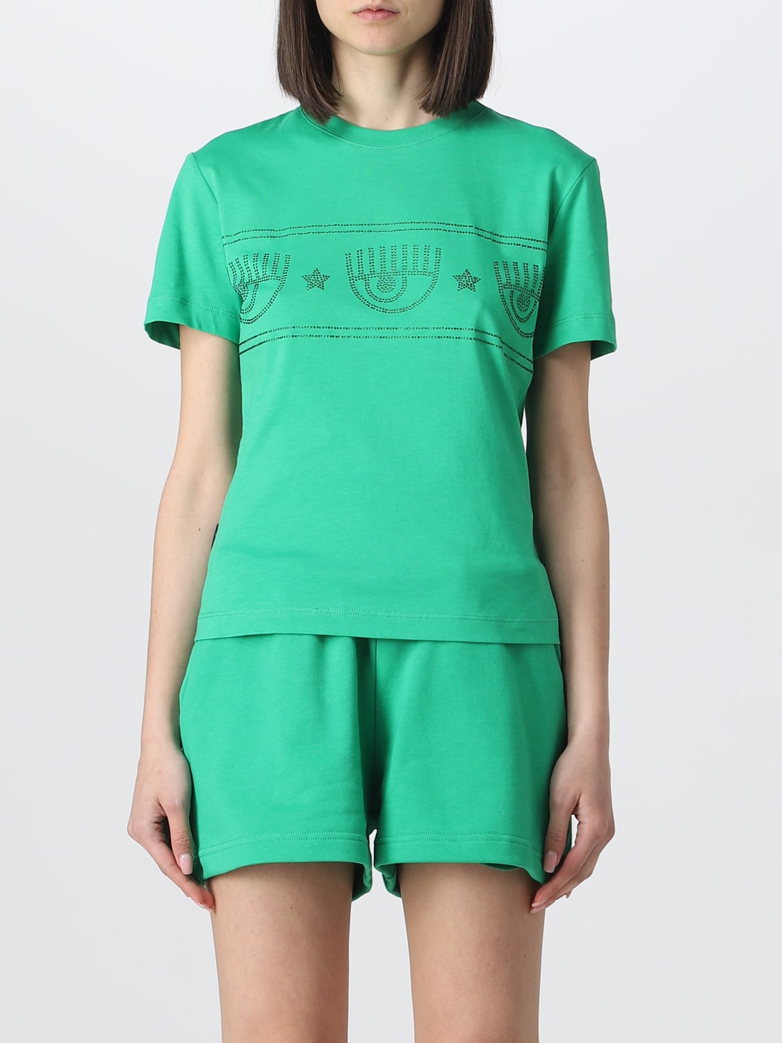 T-shirt Chiara Ferragni: T-shirt Chiara Ferragni in cotone con strass applicati verde 2