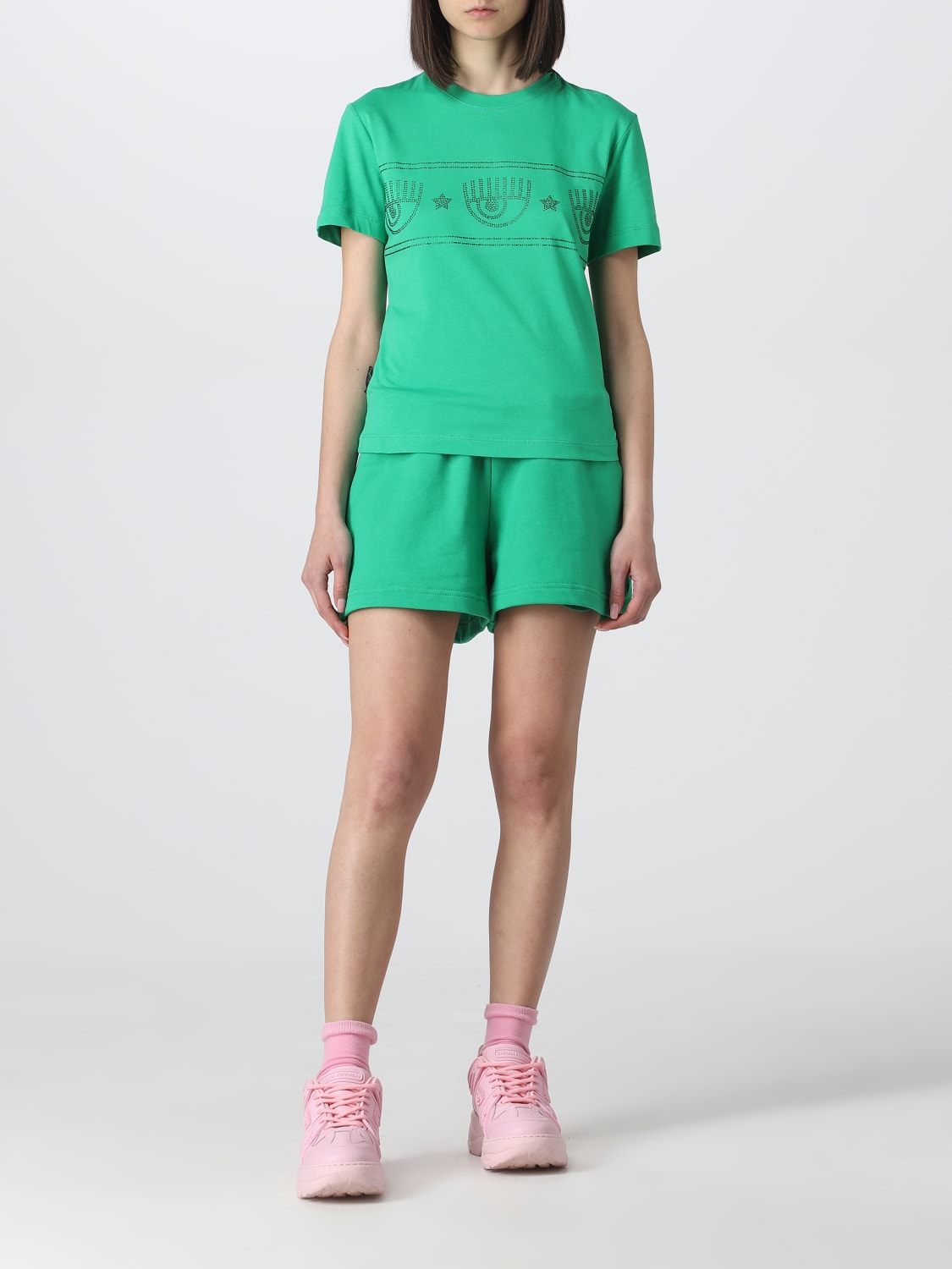 T-shirt Chiara Ferragni: T-shirt Chiara Ferragni in cotone con strass applicati verde 2