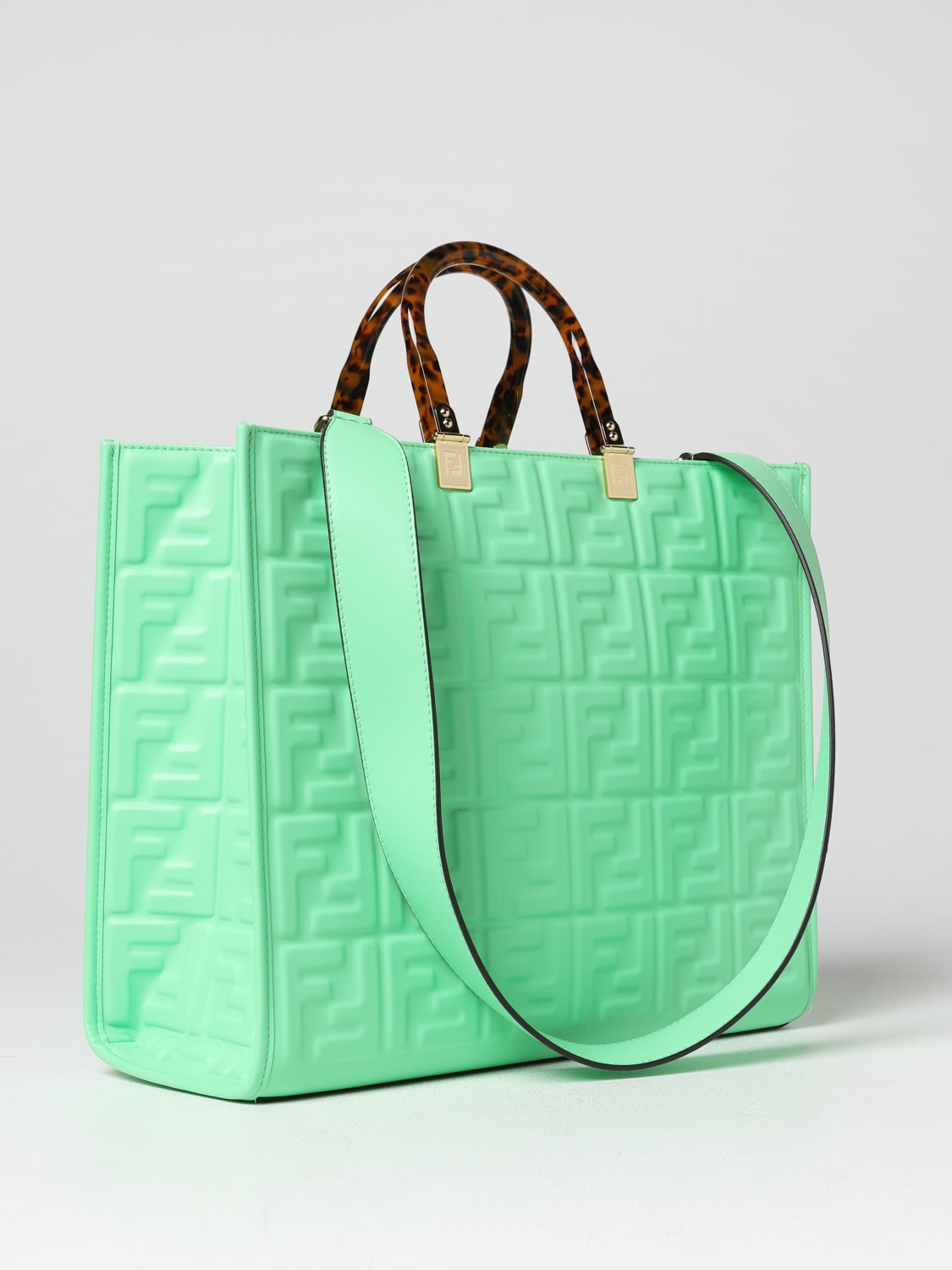 FENDI: Sunshine leather bag with embossed logo - Green | Fendi tote ...