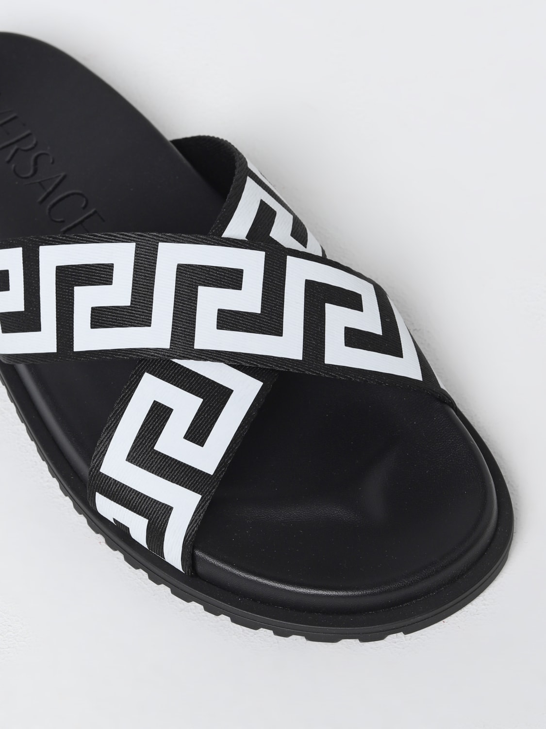 Versace Outlet: sliders in fabric and leather - Black 1 | Versace ...