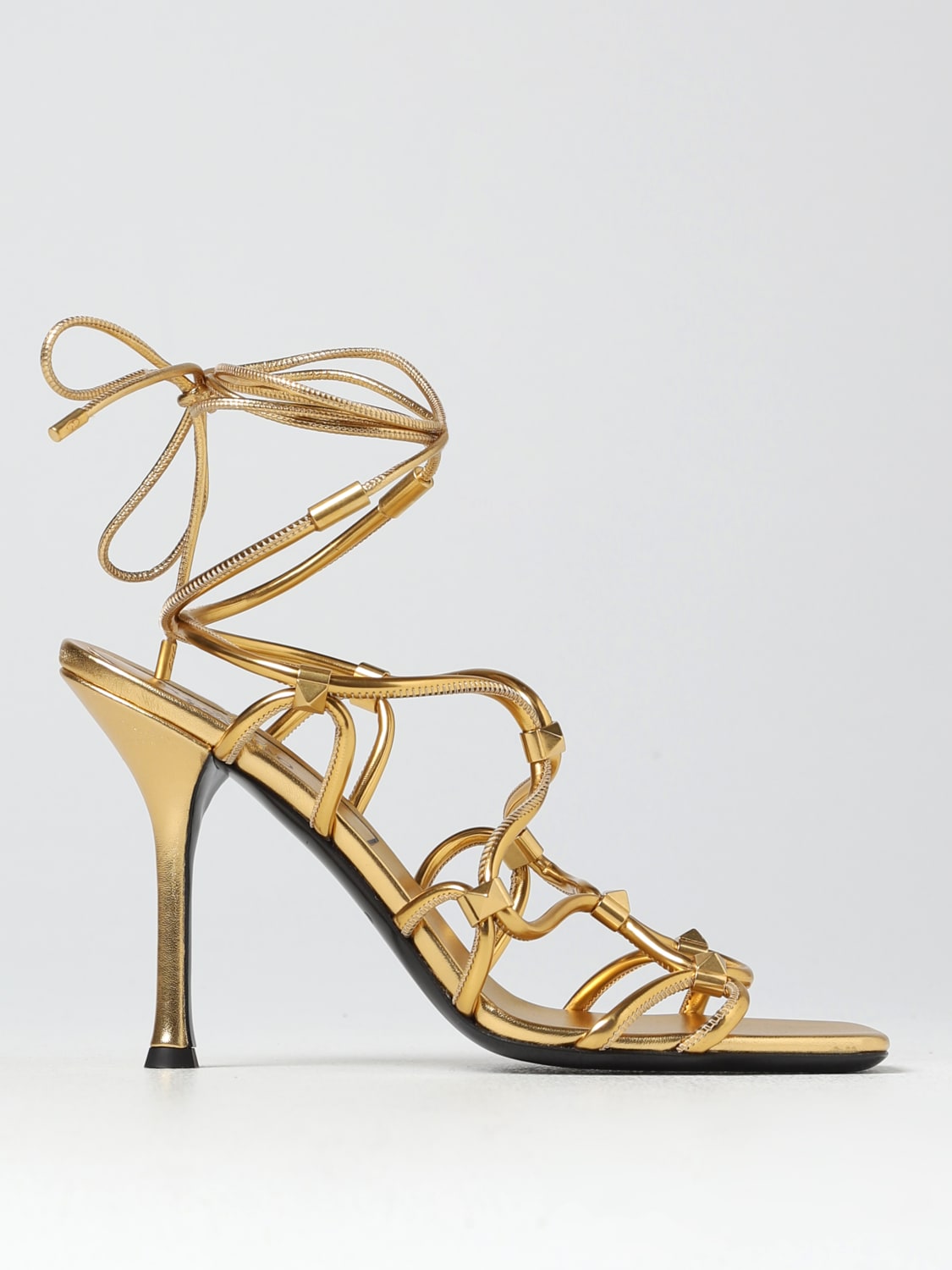 Rockstud Net Leather Sandals in Gold - Valentino Garavani