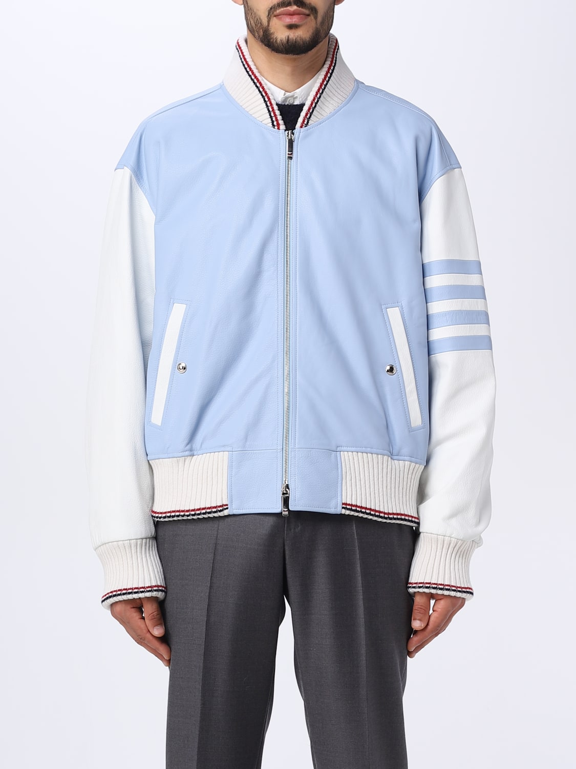 THOM BROWNE: jacket in leather and cotton - Blue | Thom Browne