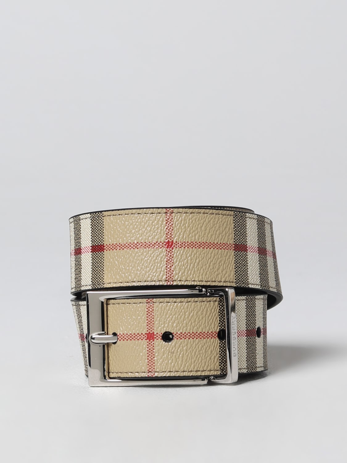 BURBERRY: reversible belt in leather and coated cotton - Beige ...