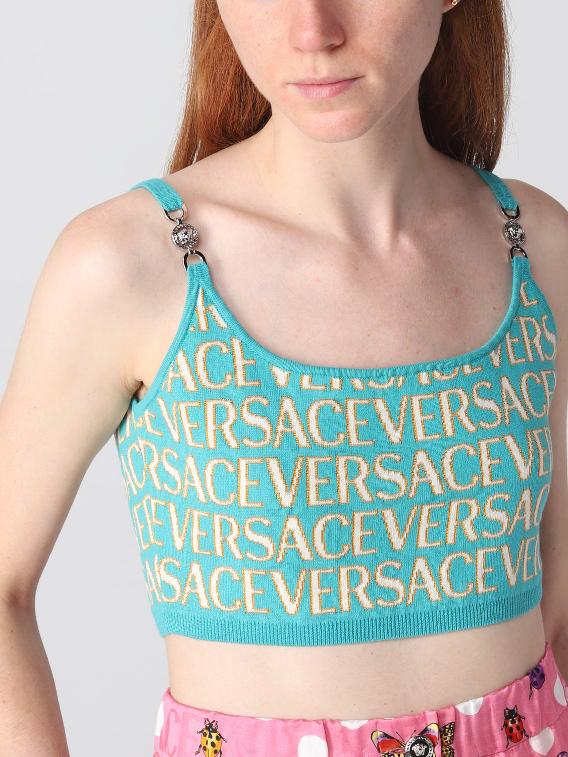 Logo jacquard knit viscose crop top - Versace - Women