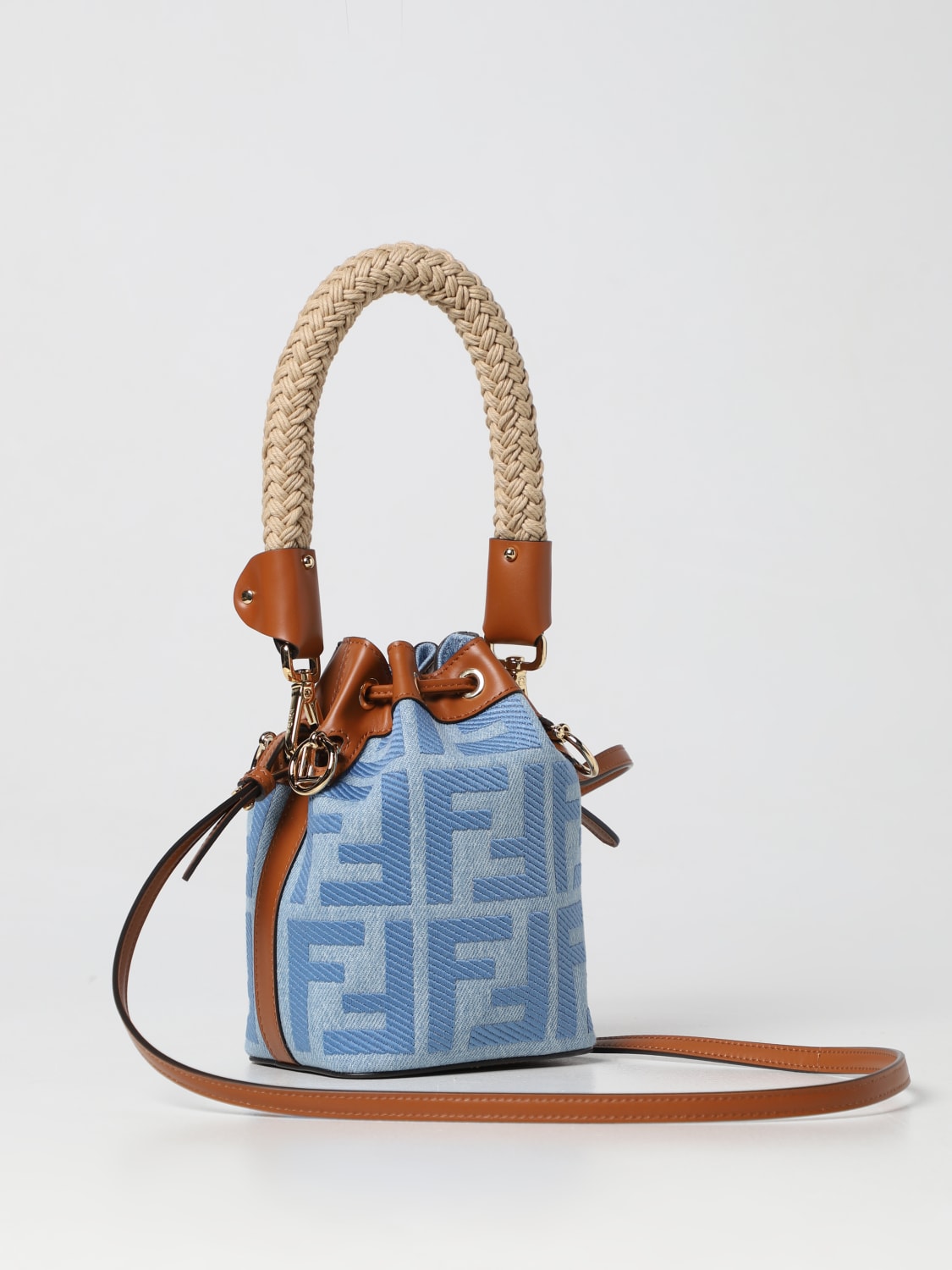 Fendi Mini Mon Tresor Bucket Bag with Woven Handle In FF Motif