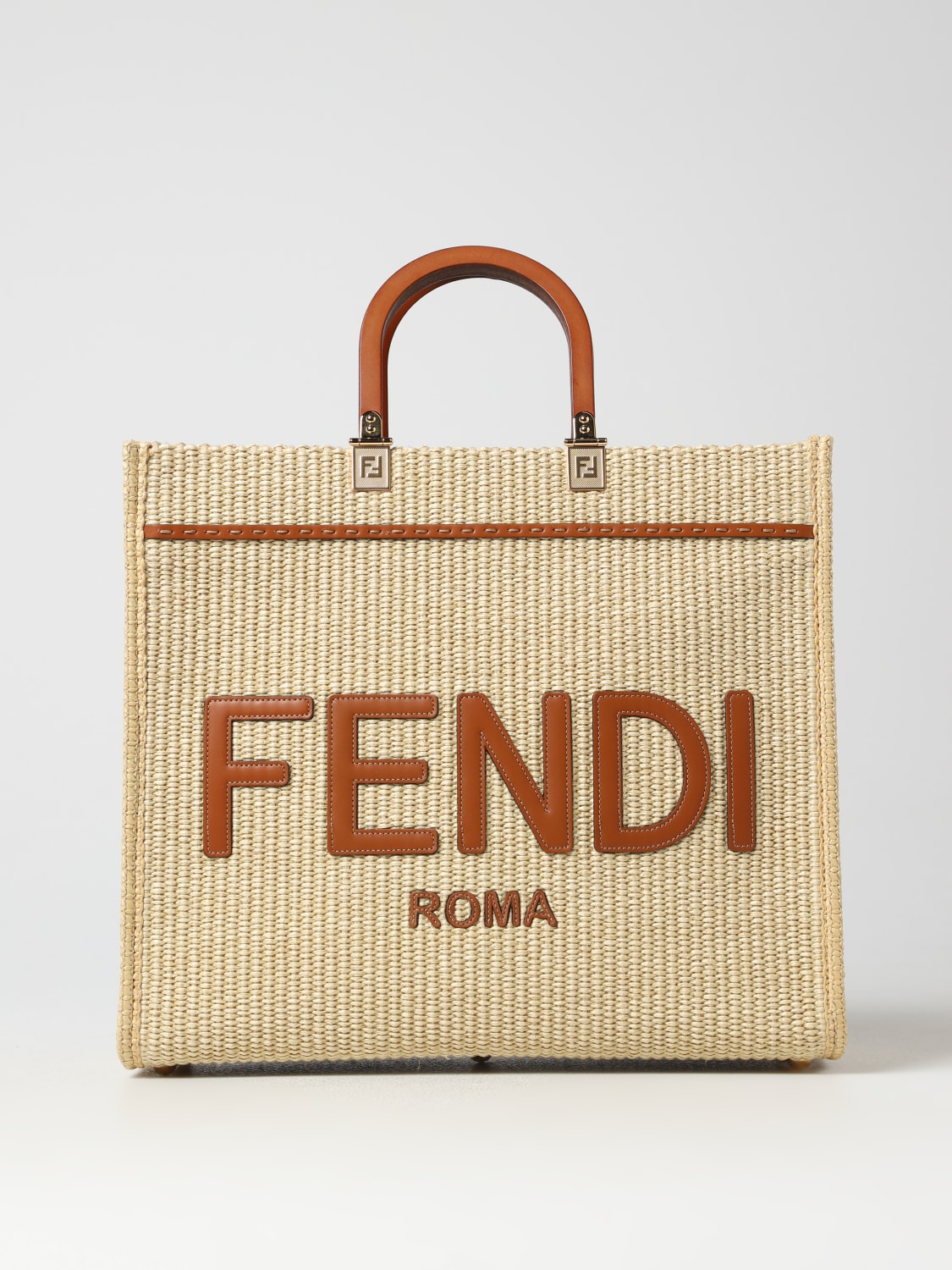 FENDI: Susnshine bag in straw and smooth leather - Beige
