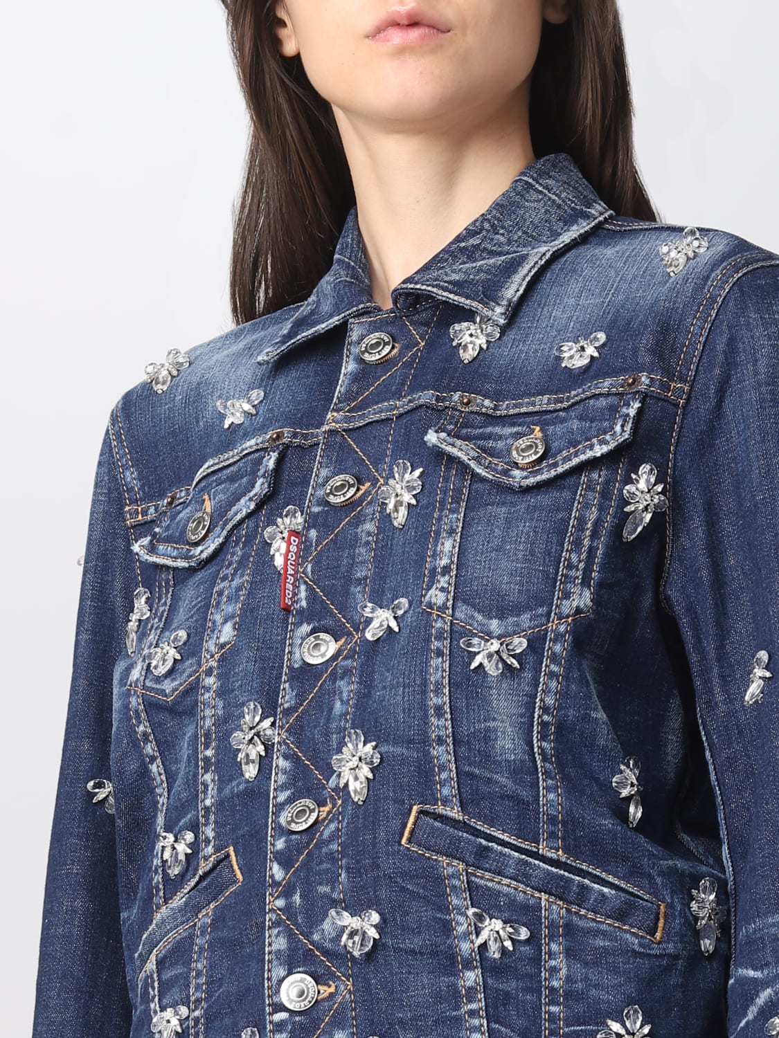 DSQUARED2: denim jacket with applied crystals - Blue | Dsquared2