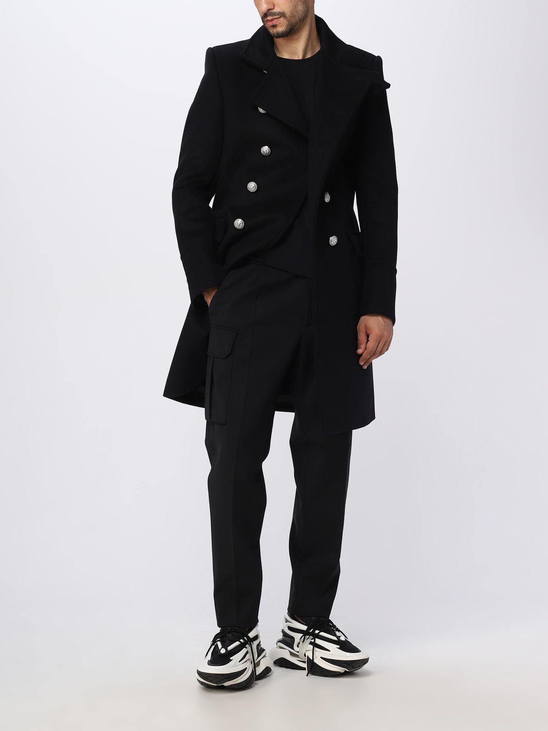BALMAIN: Double-breasted coat in wool cloth - Black | Balmain coat ...