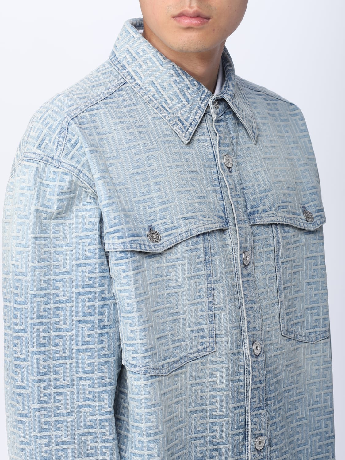 Balmain Denim Overshirt With Monogram In Blu