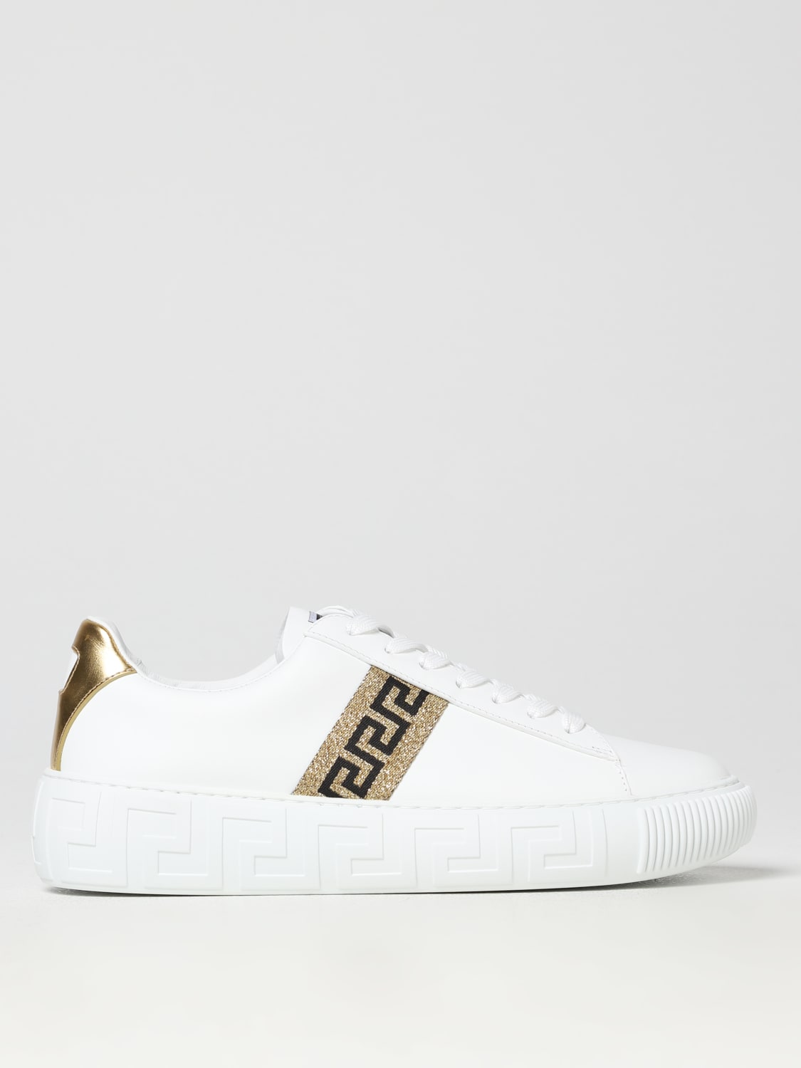 VERSACE: Greca sneakers in leather - White | Versace sneakers ...