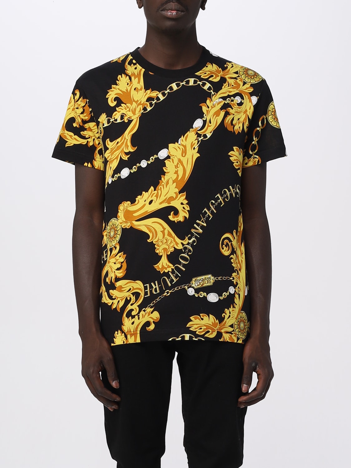 VERSACE JEANS COUTURE: T-shirt with Baroque print - Black | Versace ...