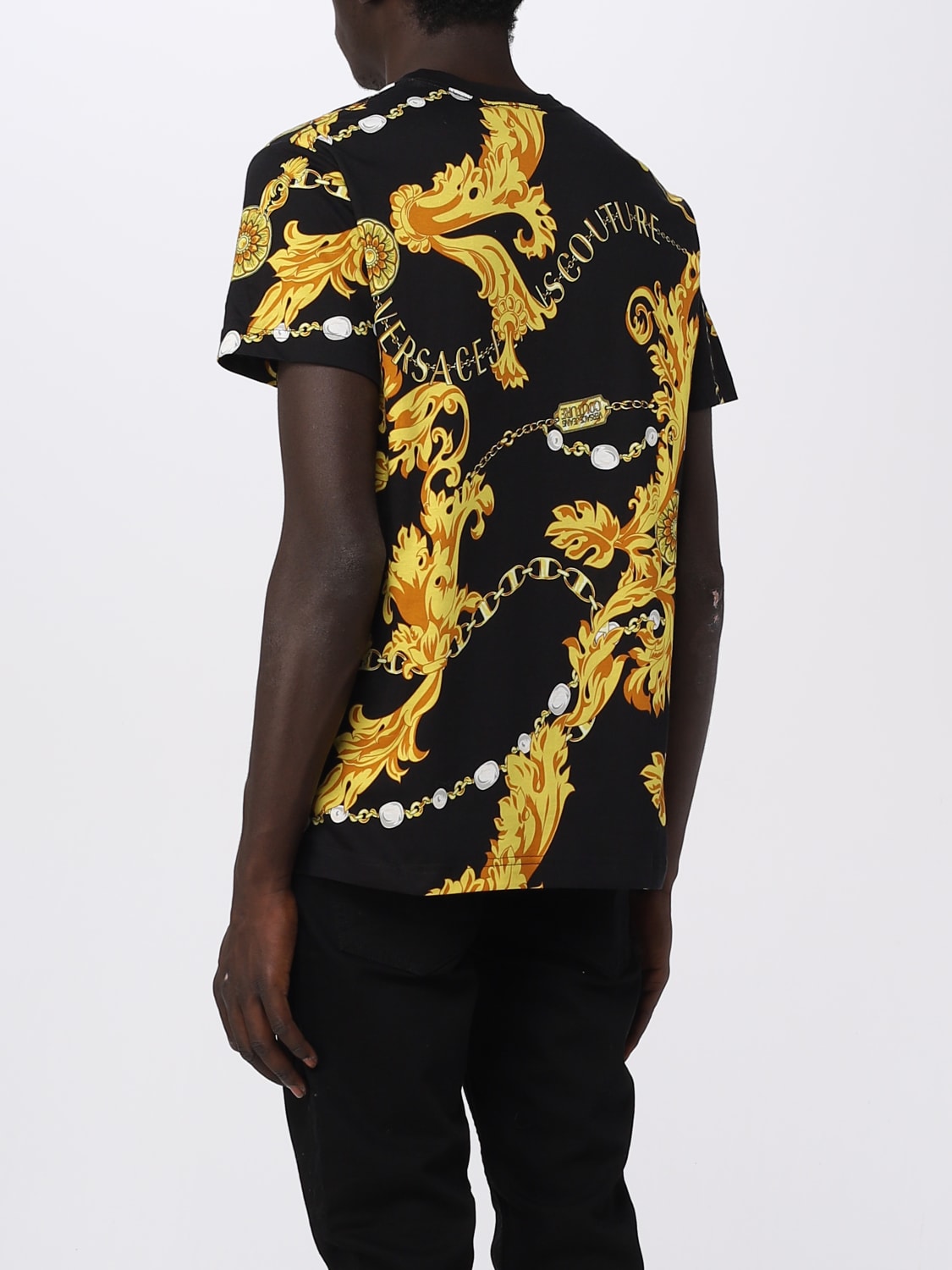 VERSACE JEANS COUTURE: T-shirt with Baroque print - Black | Versace ...