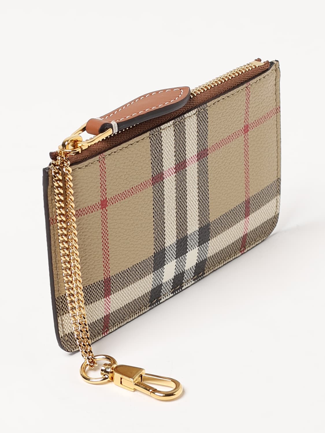 BURBERRY: coin purse in leather and coated fabric - Beige