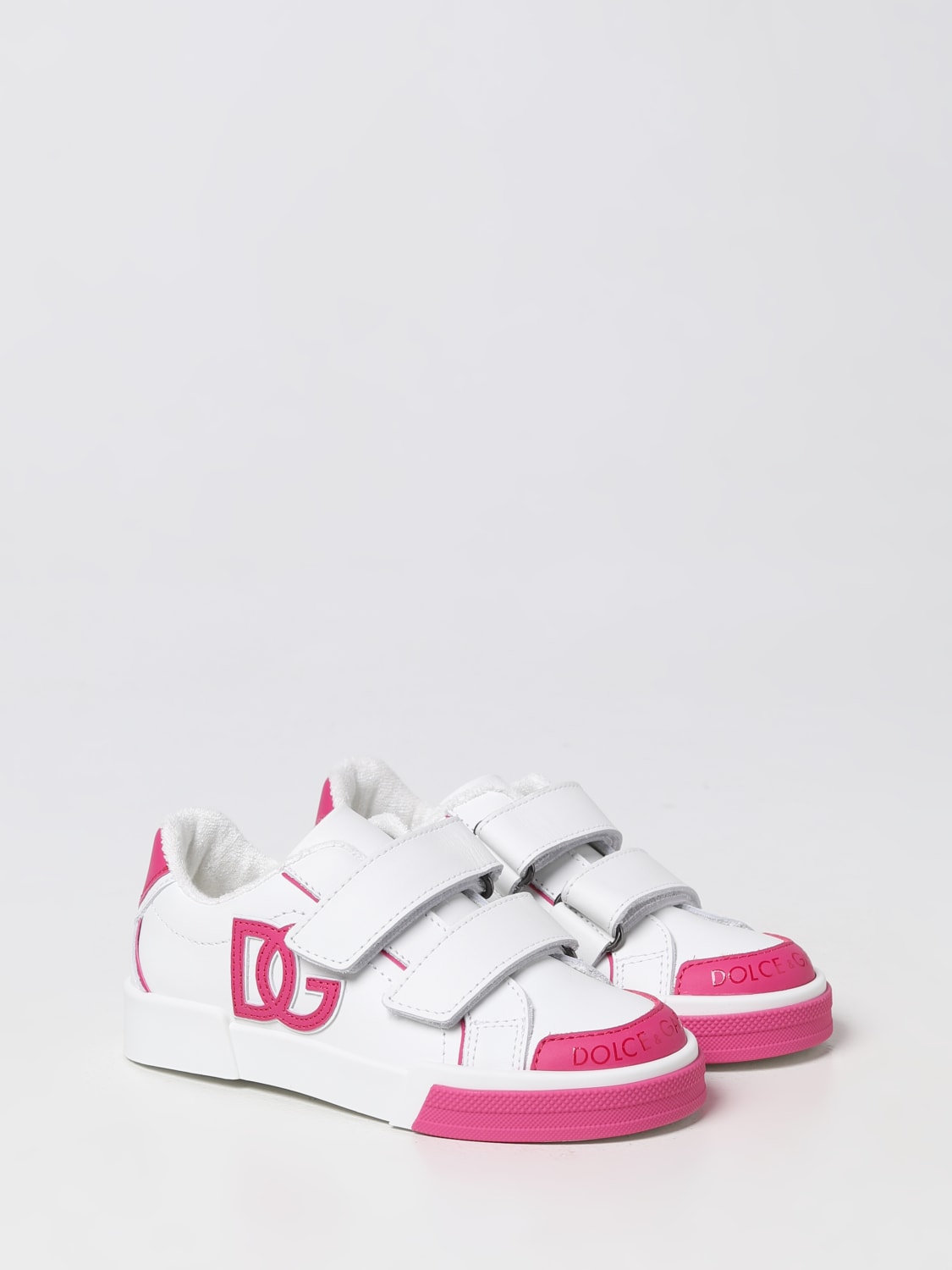 Dolce and Gabbana White/Pink Leather Logo Velcro Straps Sneakers