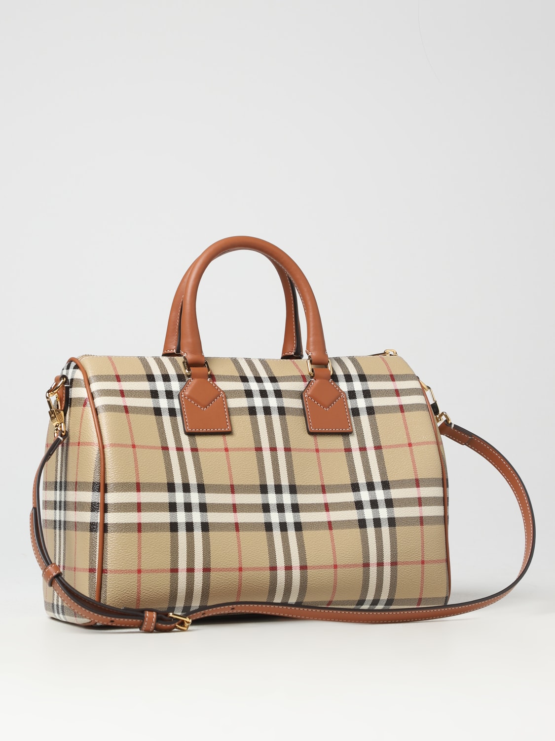 Burberry Beige/Brown Haymarket Check Coated Canvas and Leather Boston Bag  Burberry