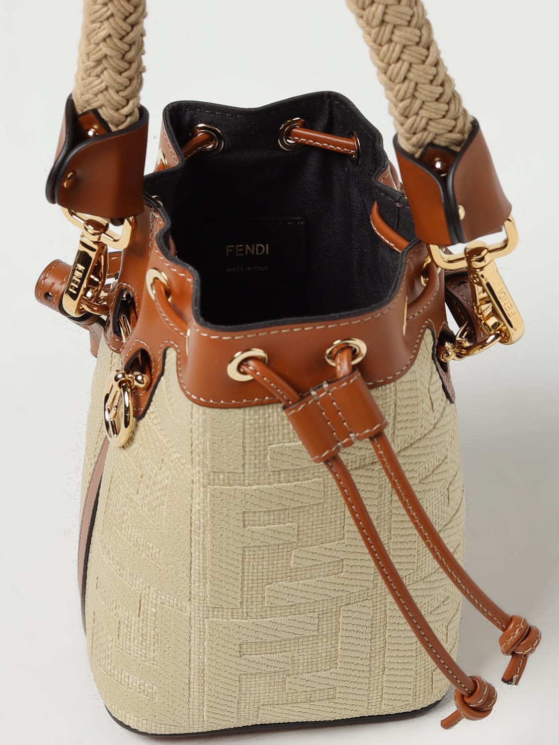 FENDI: Mon Tresor bag in straw and leather with FF monogram