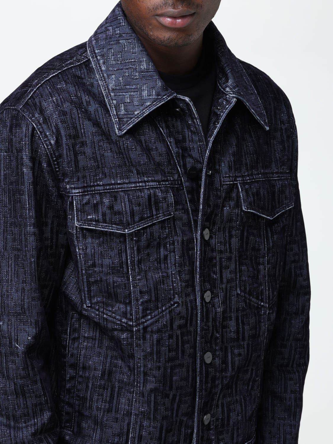 FENDI: denim jacket with all-over FF pattern - Blue | Fendi jacket ...
