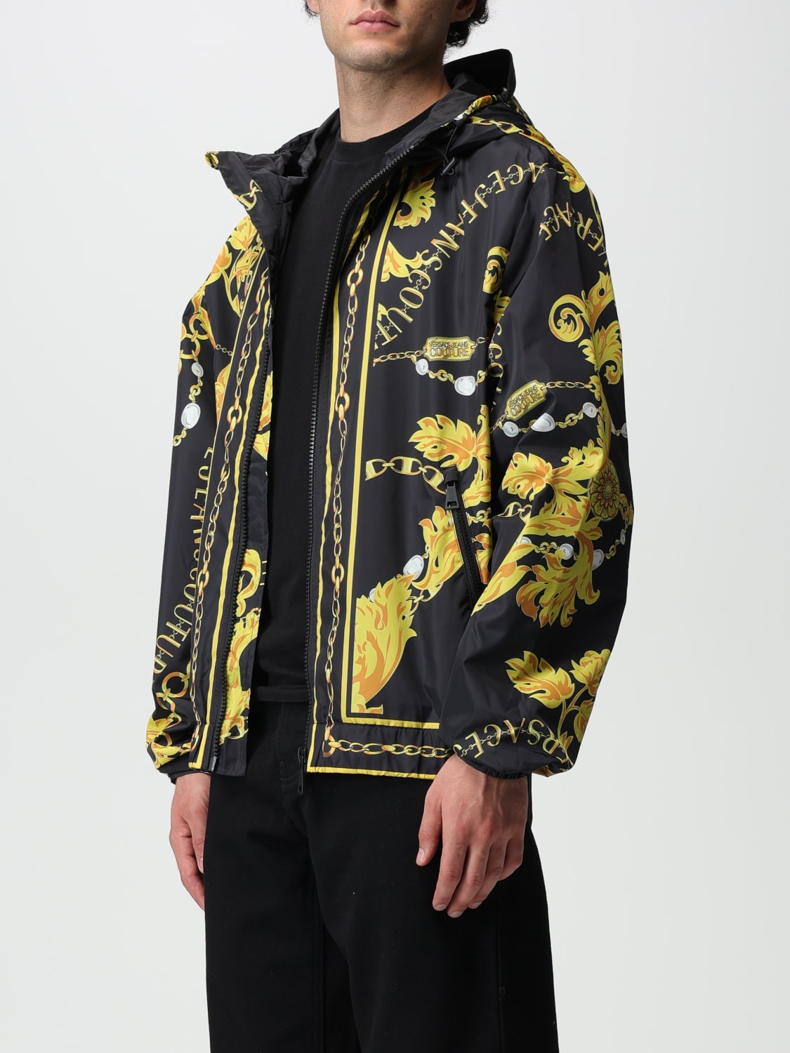 VERSACE JEANS COUTURE: bomber jacket in printed nylon - Black | Versace ...