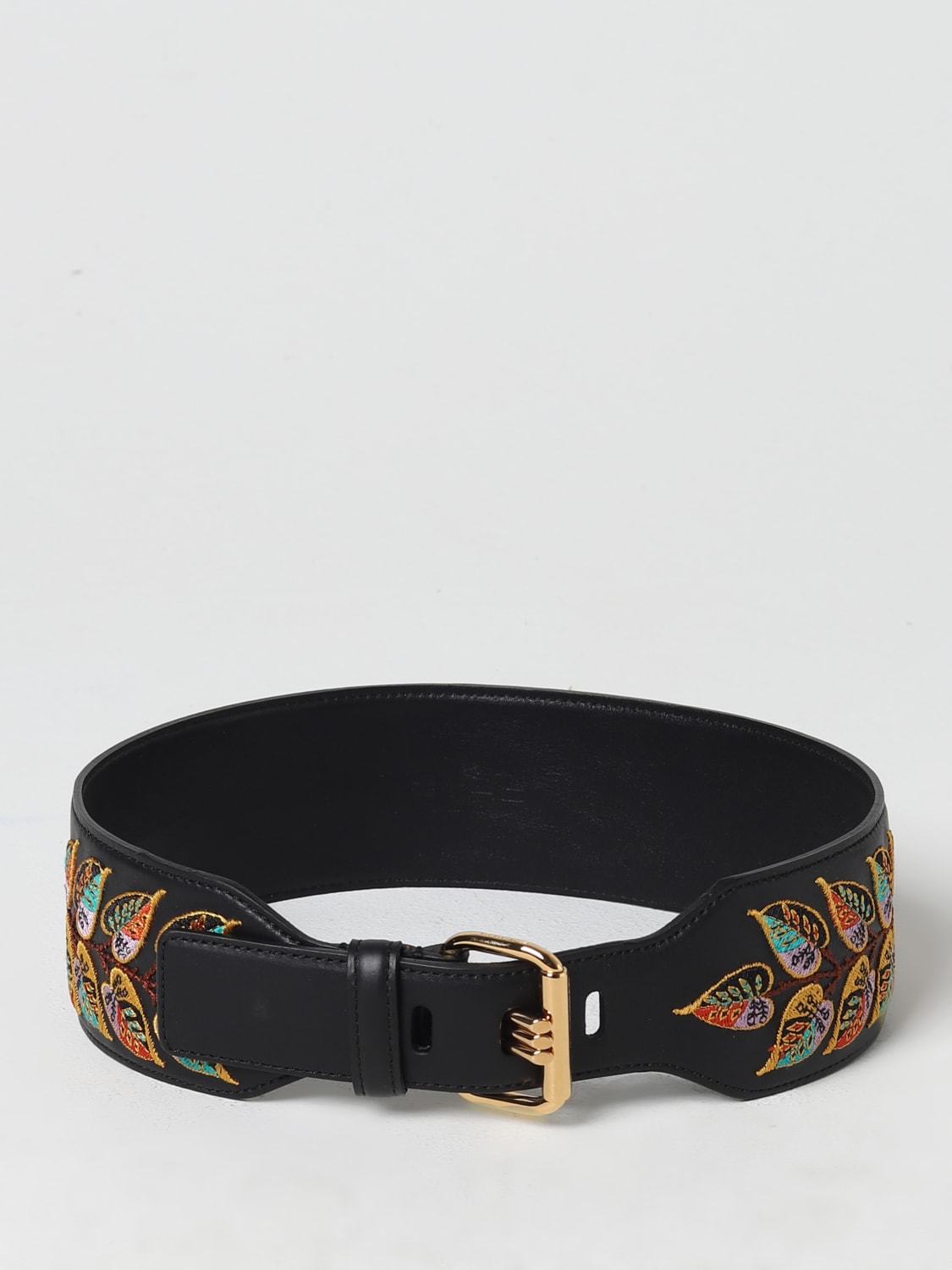Embroidered black leather belt