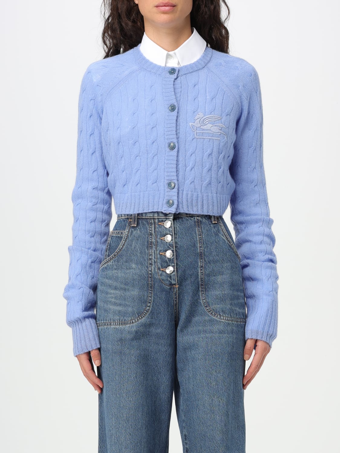 Etro Embroidered Denim Crop Top Blue