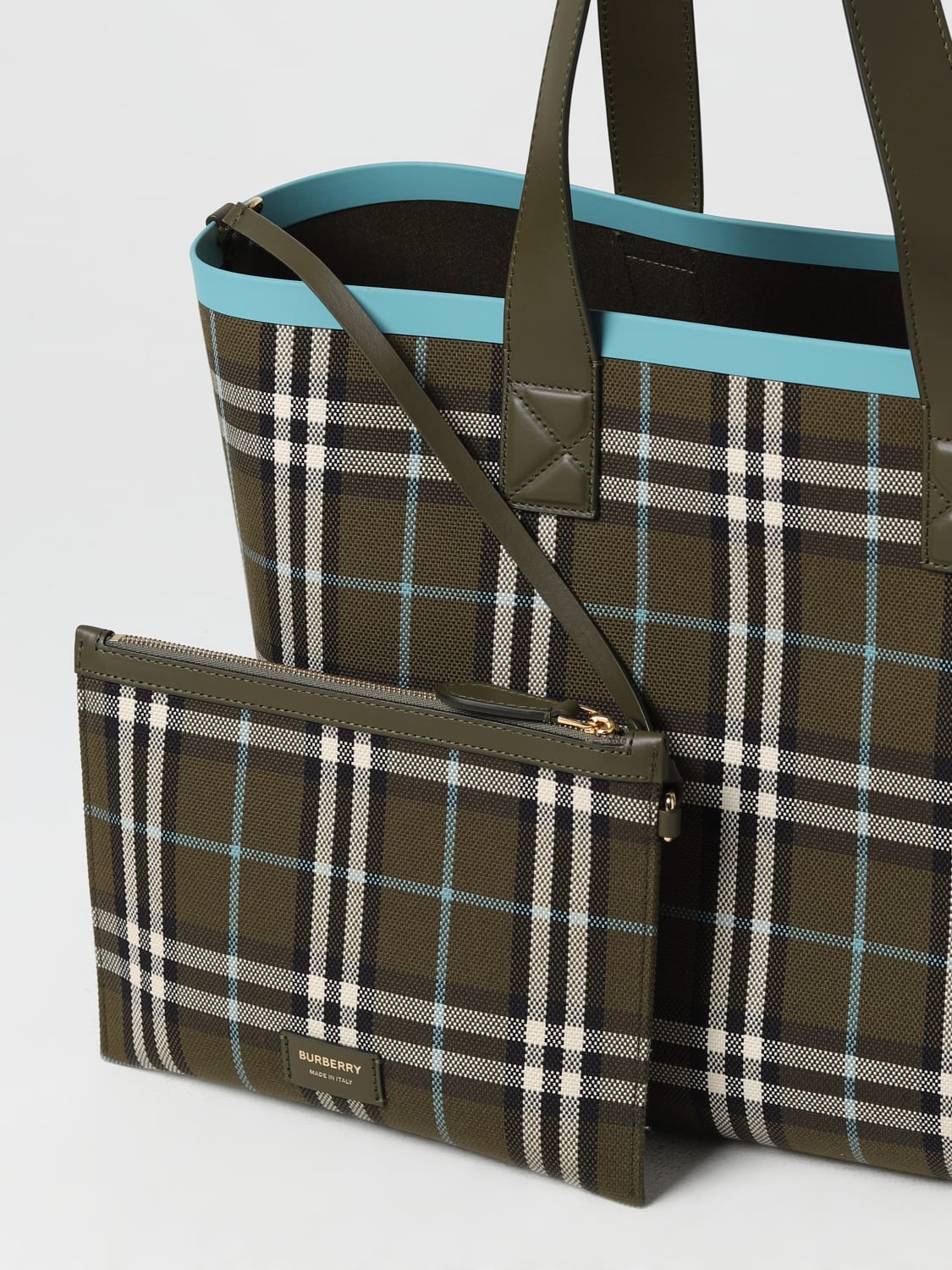 BURBERRY: London bag in canvas with check pattern - Olive