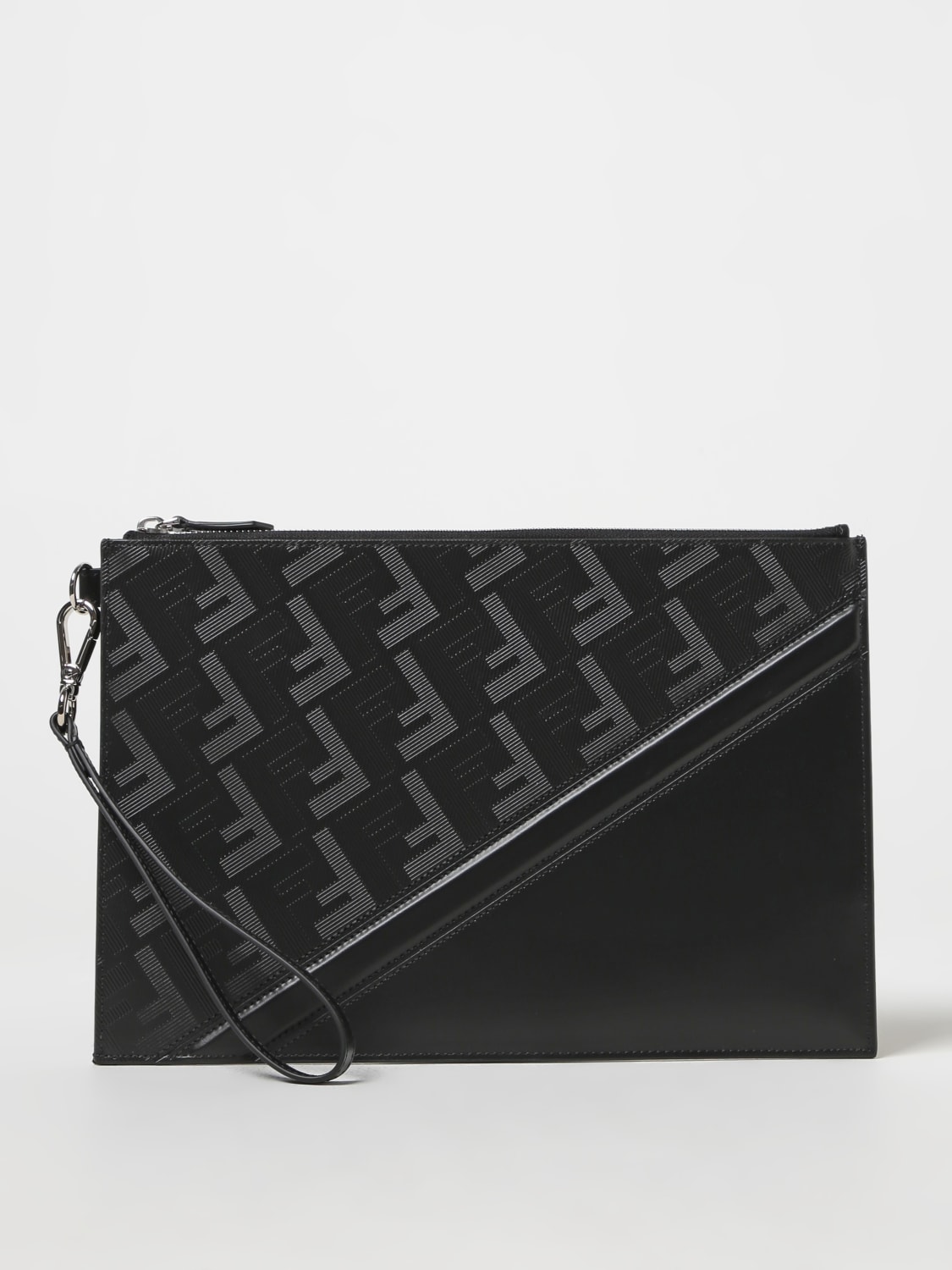 FENDI: Shadow Diagonal clutch in leather - Black | Fendi briefcase ...