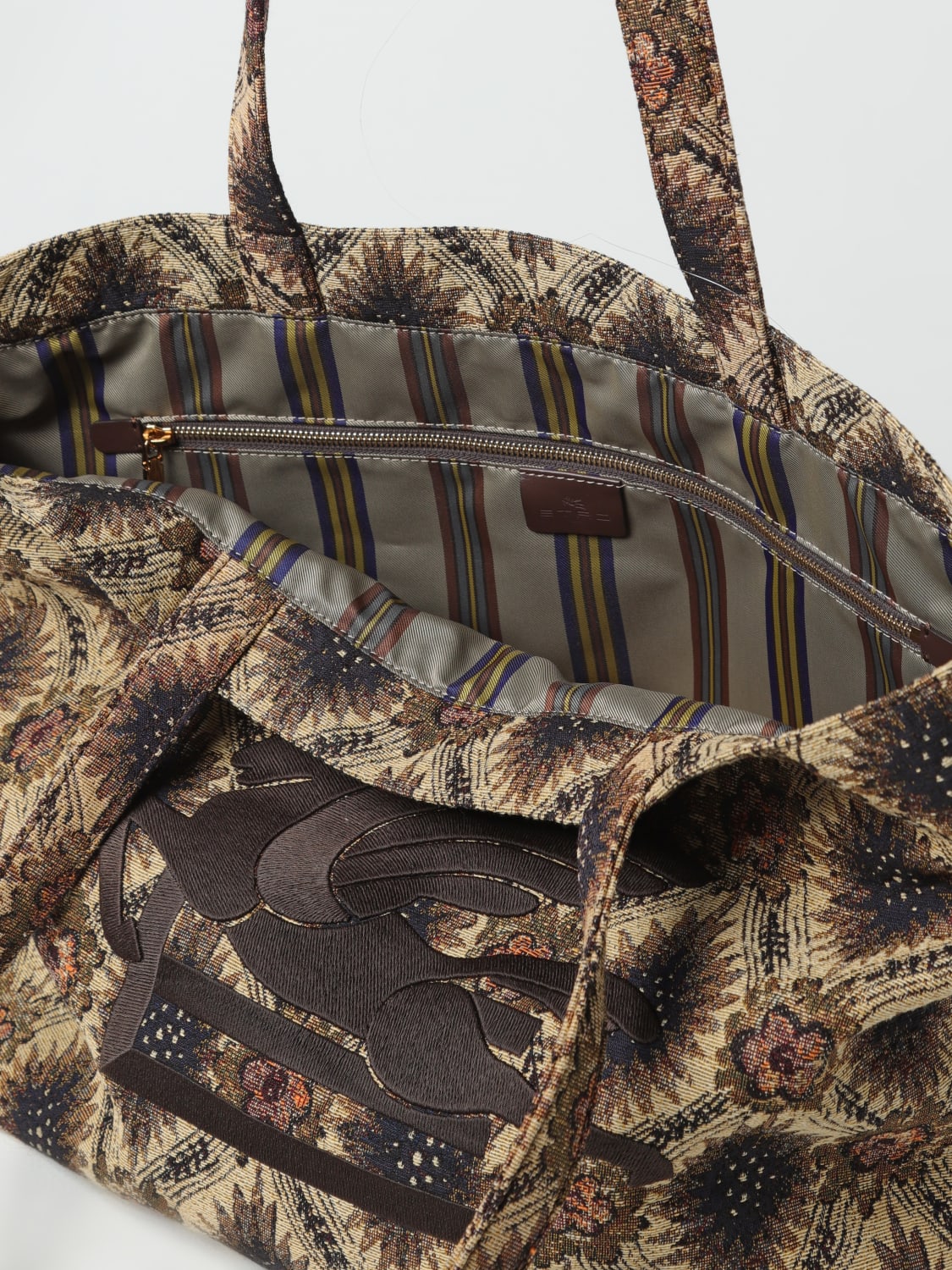 Etro Brown Bucket Bag With Multicolor Shoulder Strap And Pegasus