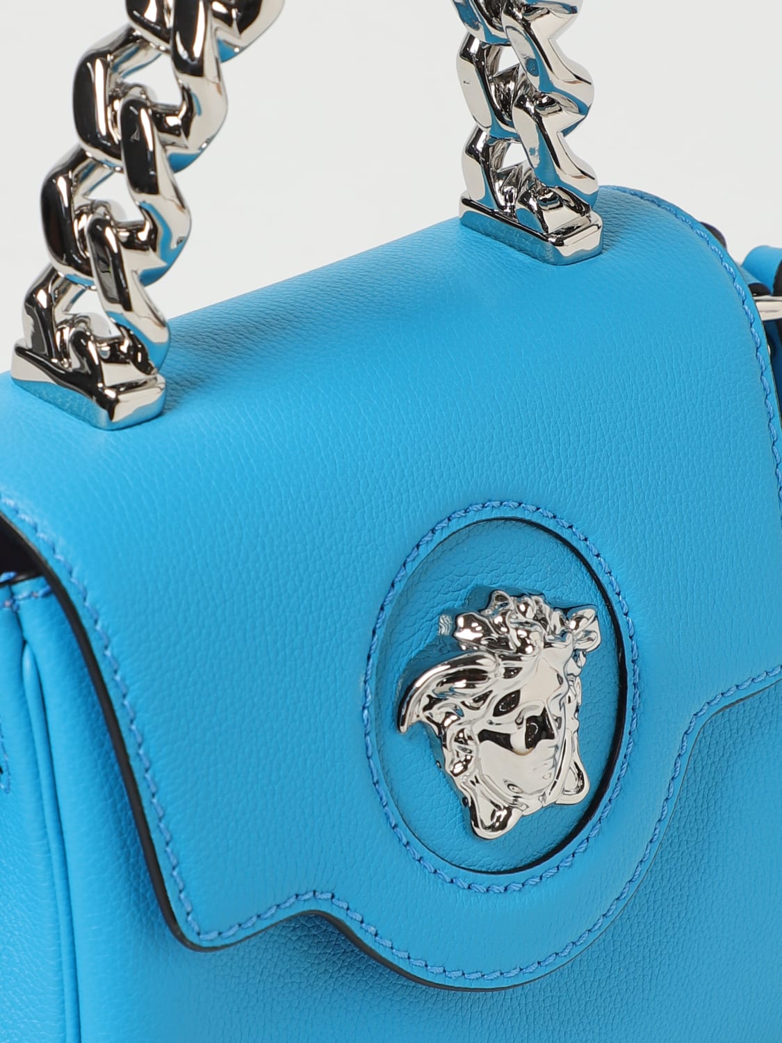 VERSACE: La Medusa bag in grained leather with shoulder strap - Blue