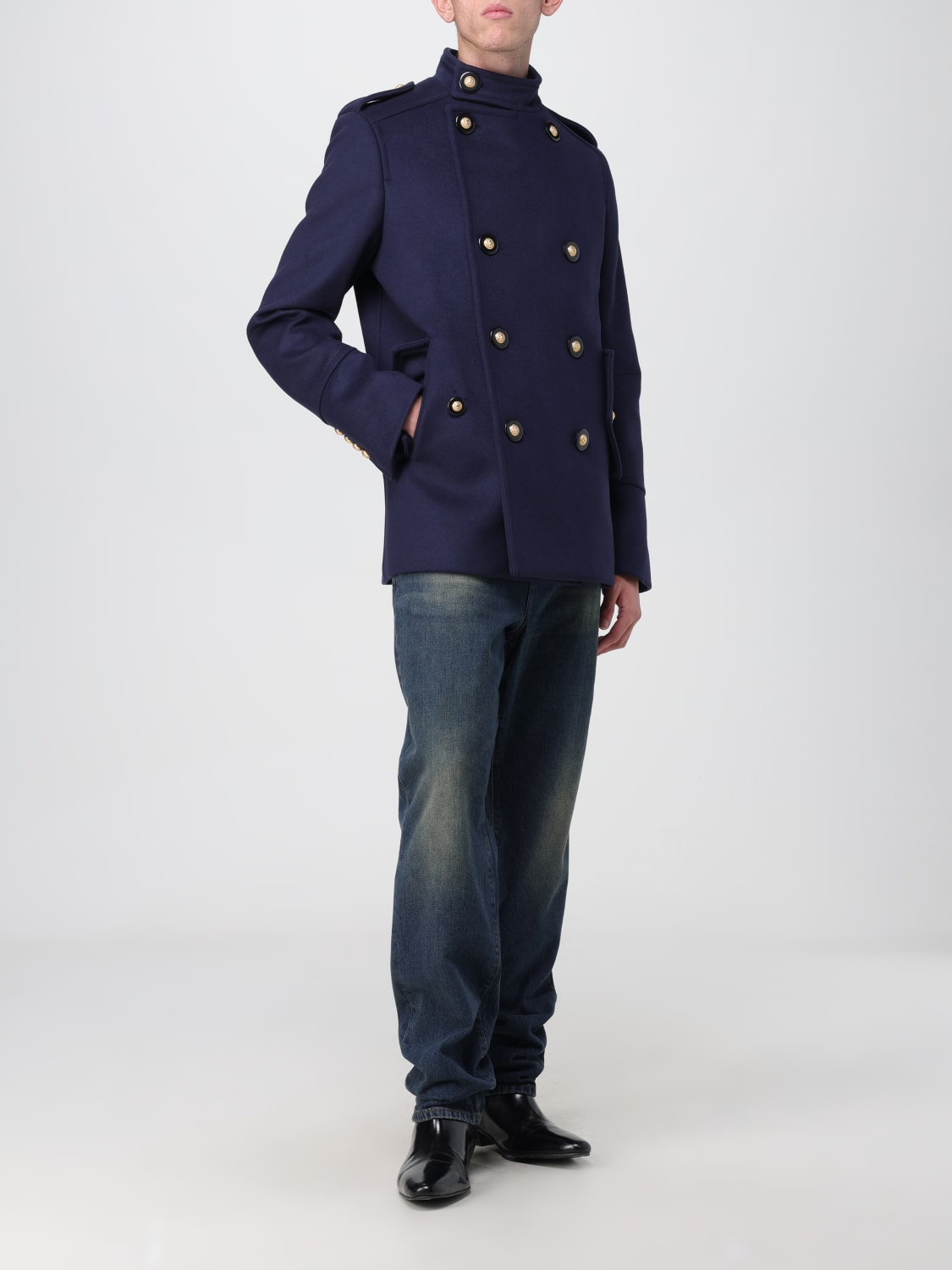 Men's double-breasted coat in blue wool with gold buttons