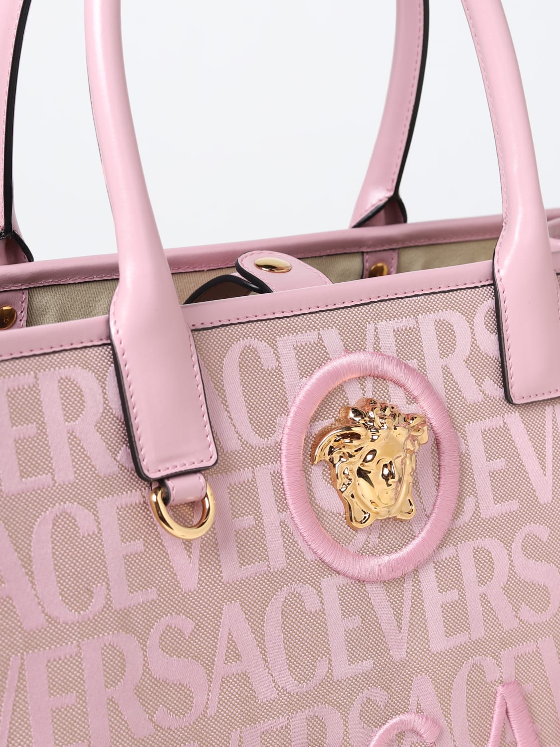 VERSACE: Allover ag in jacquard canvas - Pink  Versace tote bags  10047411A08199 online at