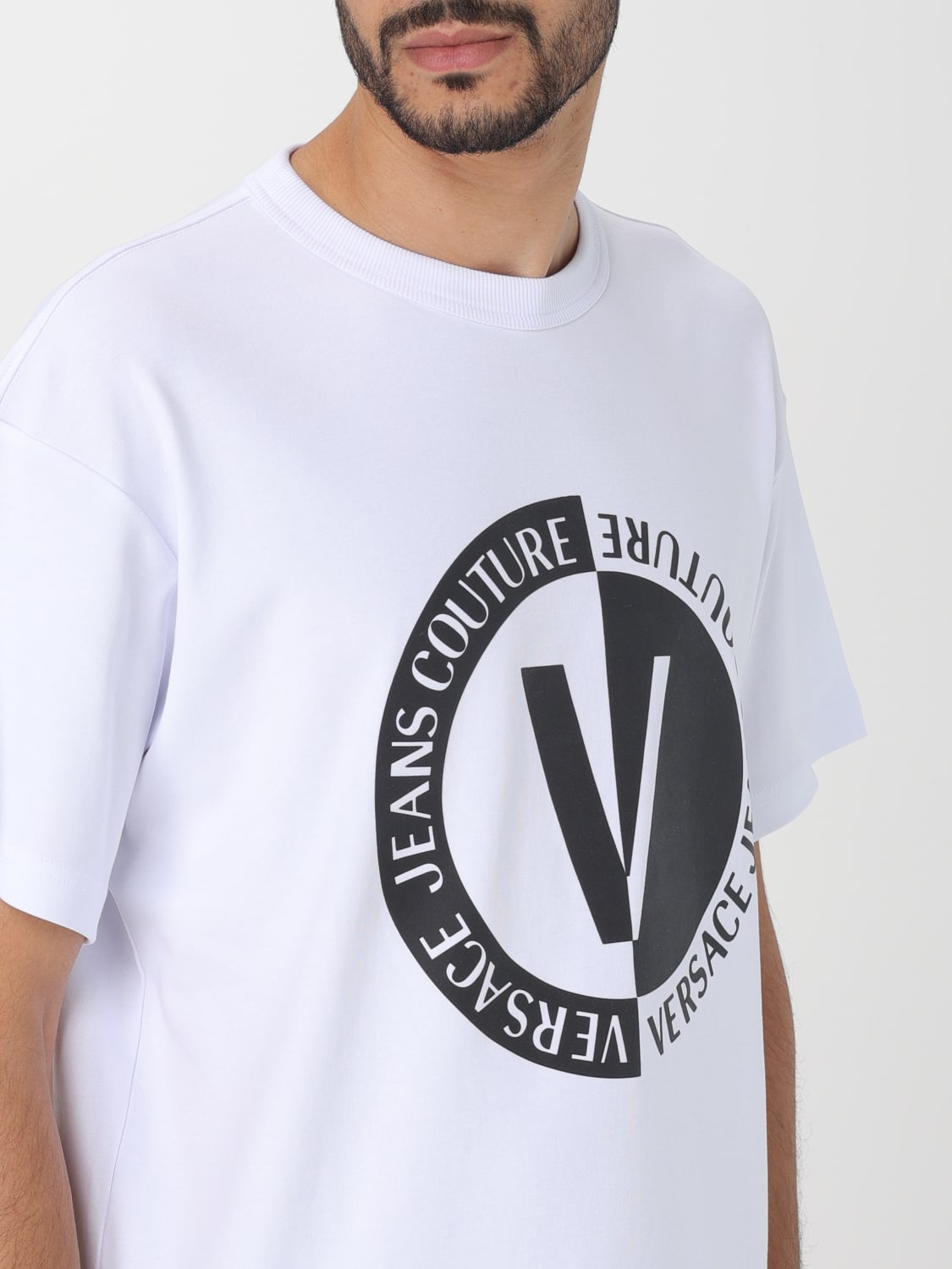 Versace Jeans Couture Outlet: T-shirt with V logo print - White  Versace  Jeans Couture t-shirt 74GAHF01CJ00F online at