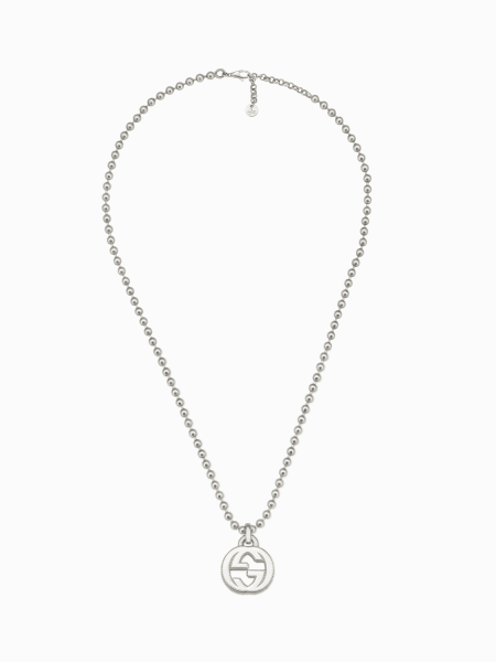 Interloking Gucci necklace in silver with GG pendant and ball chain