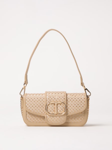 Twinset: Twinset synthetic leather and raffia shoulder bag with embroidered sequins