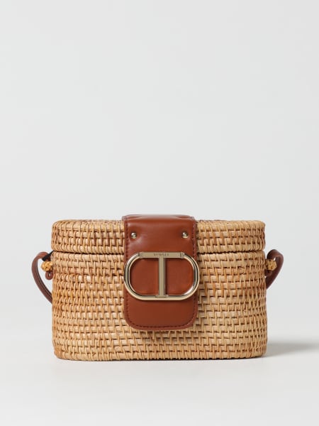 Twinset: Borsa Oval T Twinset in rafia intrecciata e pelle sintetica