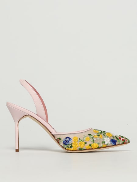 Manolo Blahnik: Slingback Manolo Blahnik in nylon a rete e pelle con ricamo