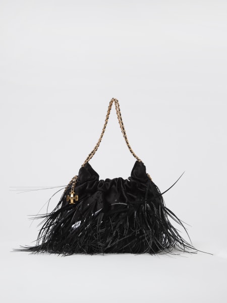Tory Burch: Borsa Fleming Tory Burch in raso con piume e perline ricamate