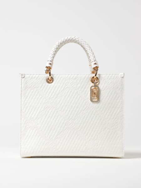 Elisabetta Franchi: Elisabetta Franchi raffia and fabric tote bag with jacquard logo