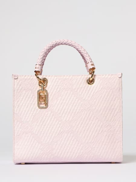 Borsa tote Elisabetta Franchi in rafia e tessuto con logo jacquard