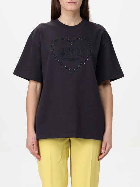 Ganni: T-shirt in cotone con logo e cuore Ganni