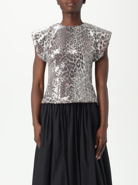 Top Ganni in tessuto paillettato con fantasia animalier >