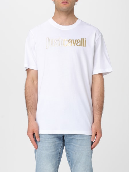 JUST CAVALLI: T-shirt in cotone con logo laminato - Bianco