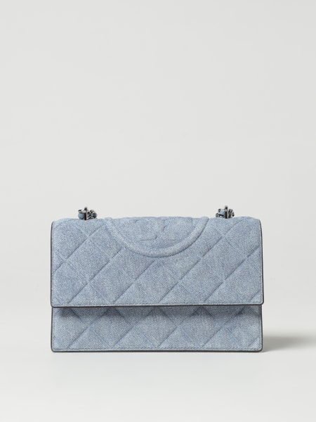 Tory Burch: Borsa Fleming Tory Burch in camoscio matelassè stampa denim